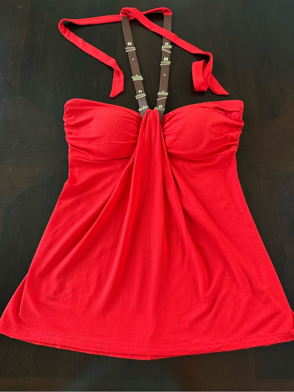 Cache Red Halter Tank with Brown Strap Accents - Picture 1 of 3